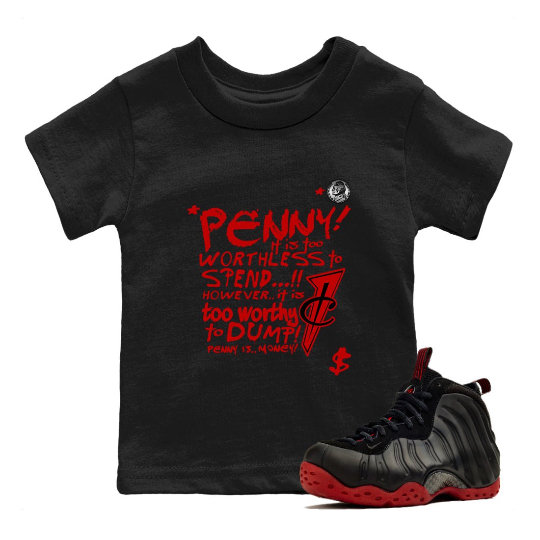 Penny Is baby and kids t-shirt crafted for little sneakerheads to shine with the Air Foamposite Cough Drop sneakers, displayed in Black 1.