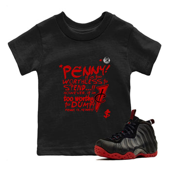 Penny Is baby and kids t-shirt crafted for little sneakerheads to shine with the Air Foamposite Cough Drop sneakers, displayed in Black 1.