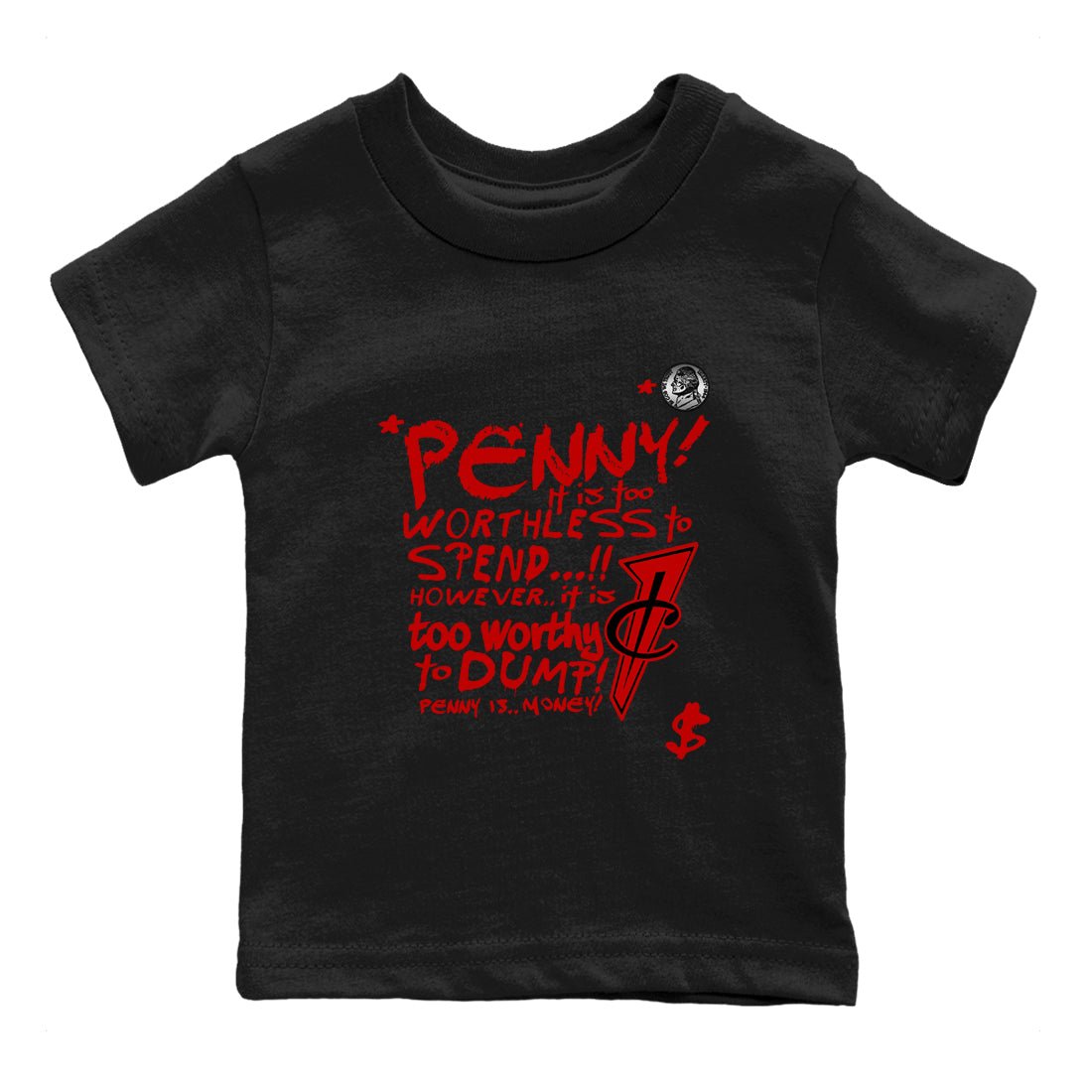 Penny Is baby and kids t-shirt crafted for little sneakerheads to shine with the Air Foamposite Cough Drop sneakers, displayed in Black 2.