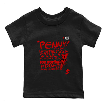 Penny Is baby and kids t-shirt crafted for little sneakerheads to shine with the Air Foamposite Cough Drop sneakers, displayed in Black 2.