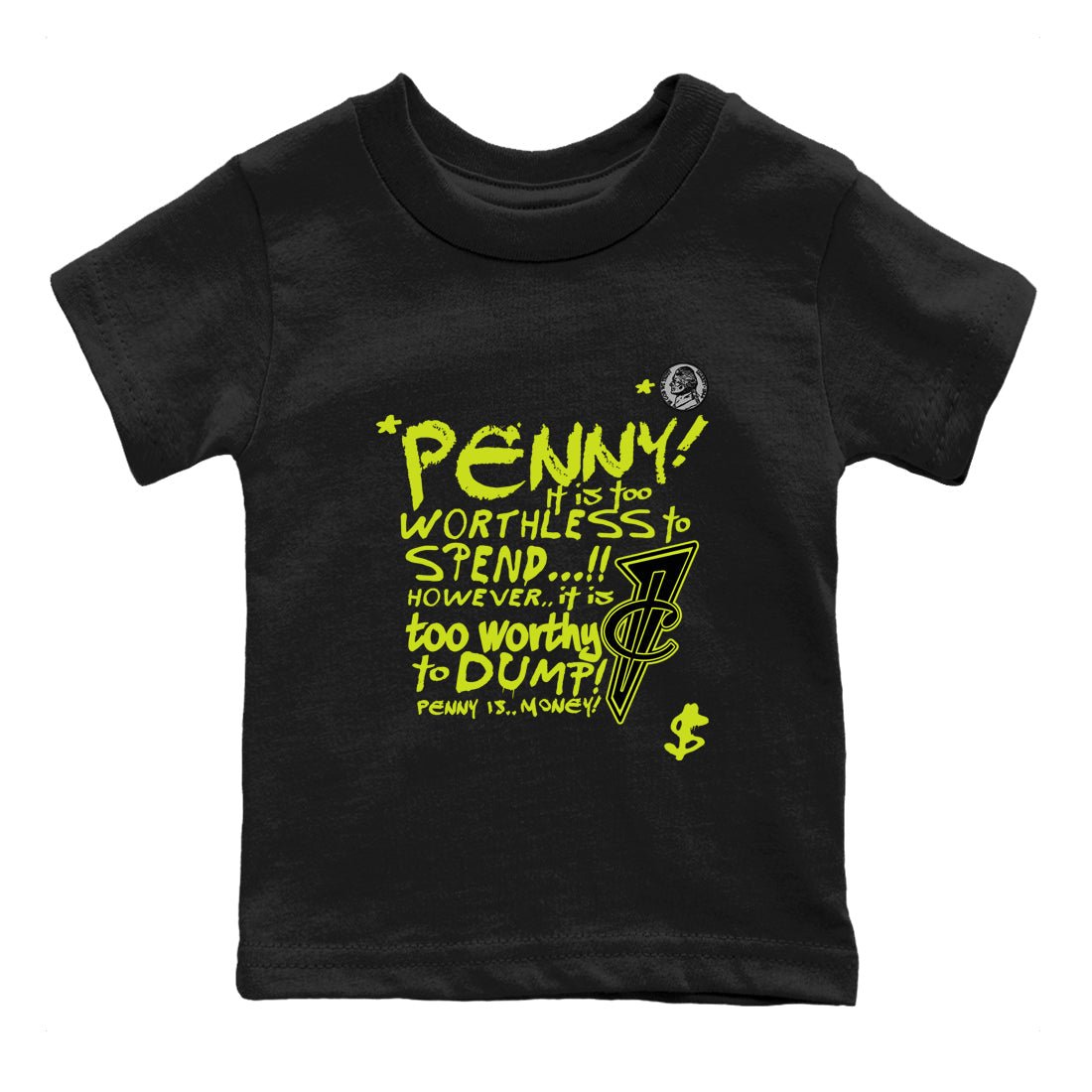 Foams One Black Volt shirts to match jordans Penny Is sneaker match tees Air Foamposite One Black and Volt match shoes to clothes SNRT Sneaker Tees Youth Baby Black 2 tee