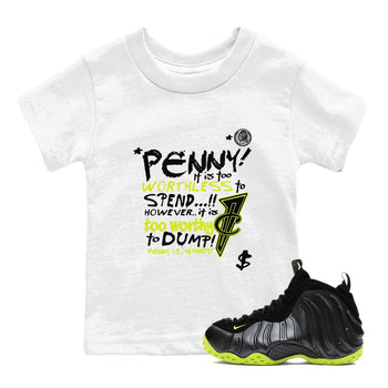 Foams One Black Volt shirts to match jordans Penny Is sneaker match tees Air Foamposite One Black and Volt match shoes to clothes SNRT Sneaker Tees Youth Baby White 1 tee