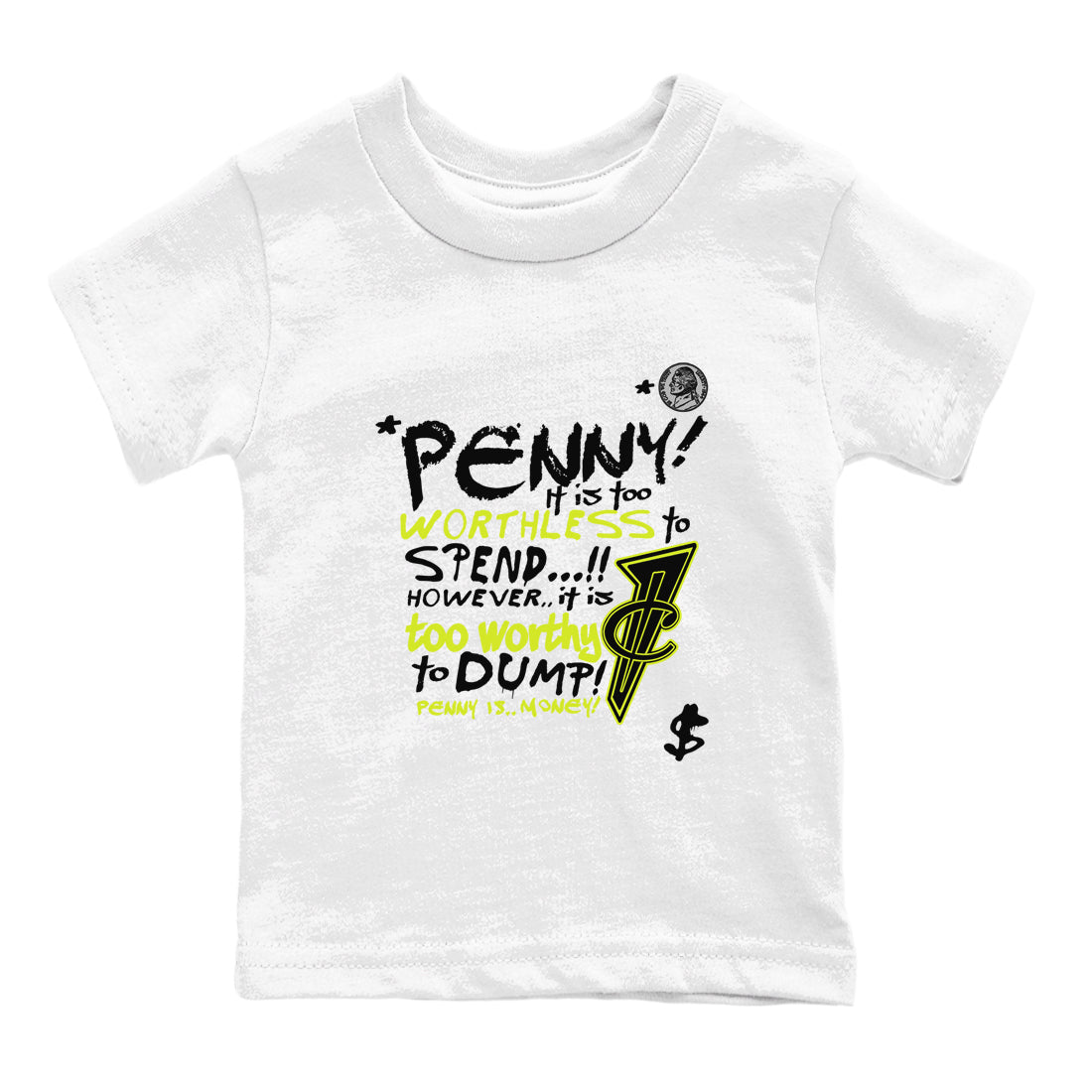 Foams One Black Volt shirts to match jordans Penny Is sneaker match tees Air Foamposite One Black and Volt match shoes to clothes SNRT Sneaker Tees Youth Baby White 2 tee