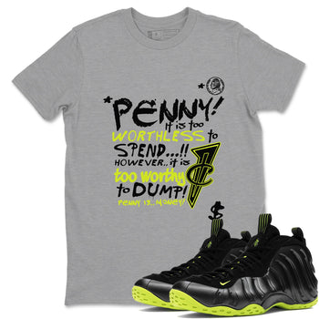 Foams One Black Volt shirts to match jordans Penny Is sneaker match tees Air Foamposite One Black and Volt match shoes to clothes SNRT Sneaker Tees unisex cotton Heather Grey 1 shirts