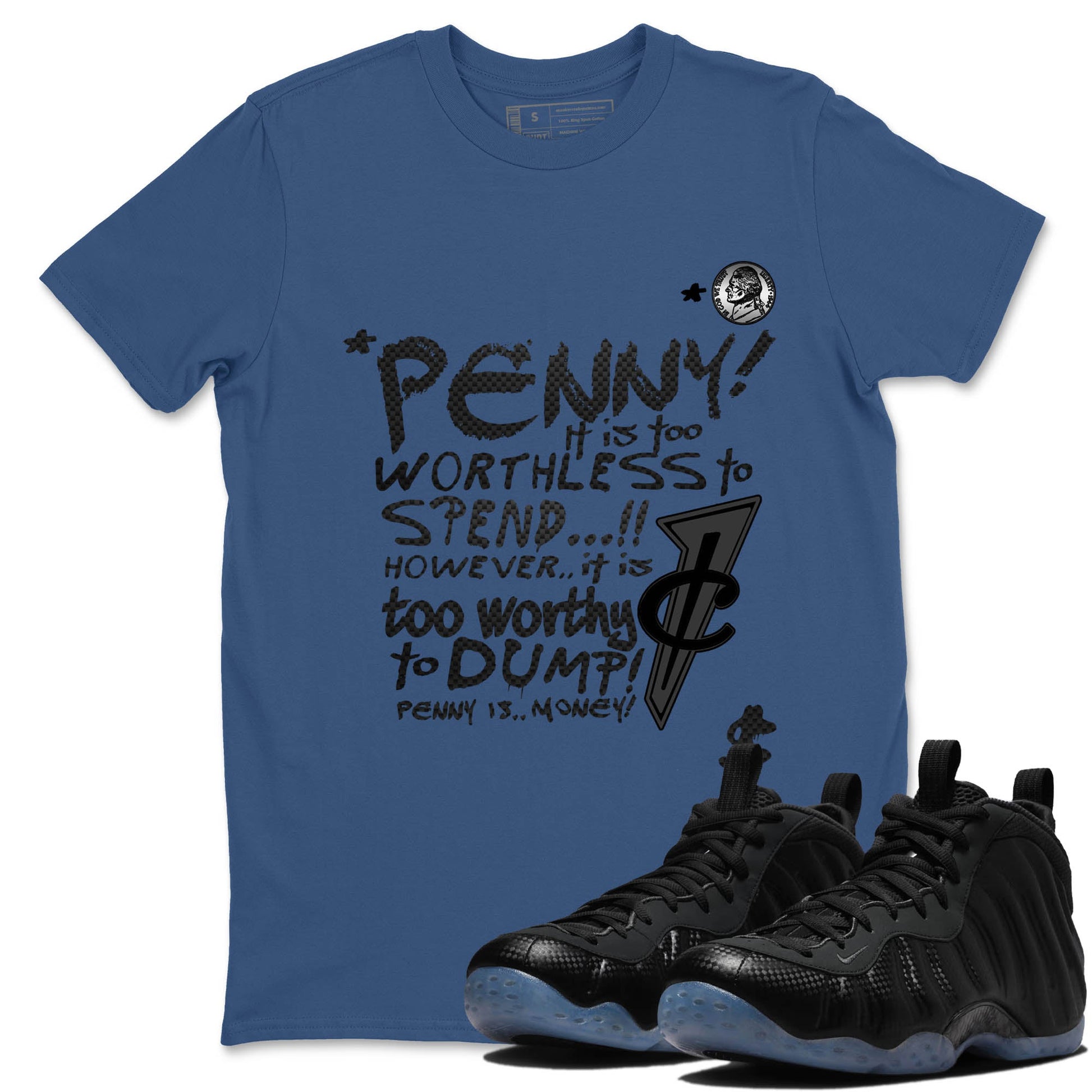 Sneaker Threads – Sneaker Tees To Match Air Foamposite One Carbon Fiber – Penny Is Graphic Tee Denim Blue 1. Perfect for Jordan releases 2025 colorways.