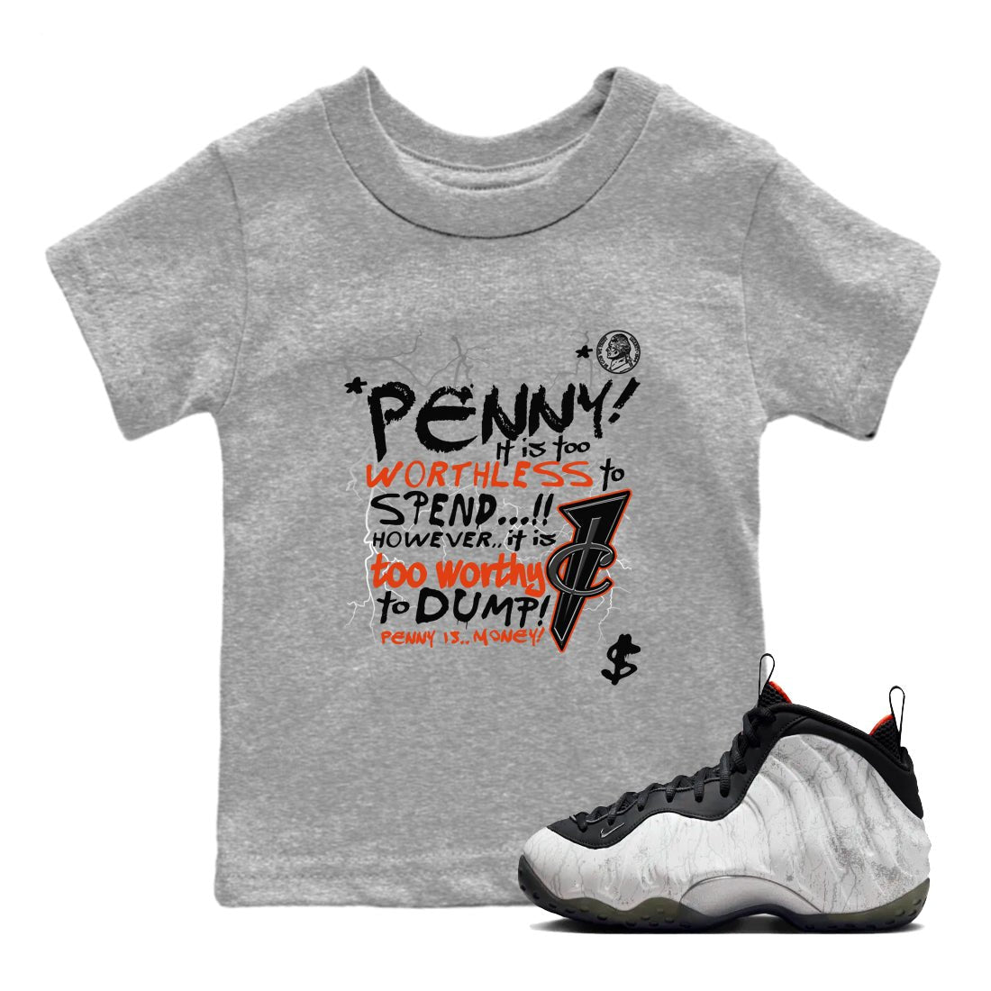 Foams One Jin shirts to match jordans Penny Is sneaker match tees Air Foamposite One Jin match shoes to clothes SNRT Sneaker Tees Youth Baby Heather Grey 1 tee