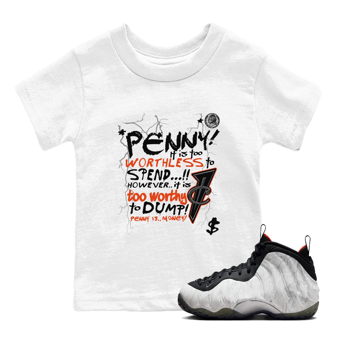 Foams One Jin shirts to match jordans Penny Is sneaker match tees Air Foamposite One Jin match shoes to clothes SNRT Sneaker Tees Youth Baby White 1 tee