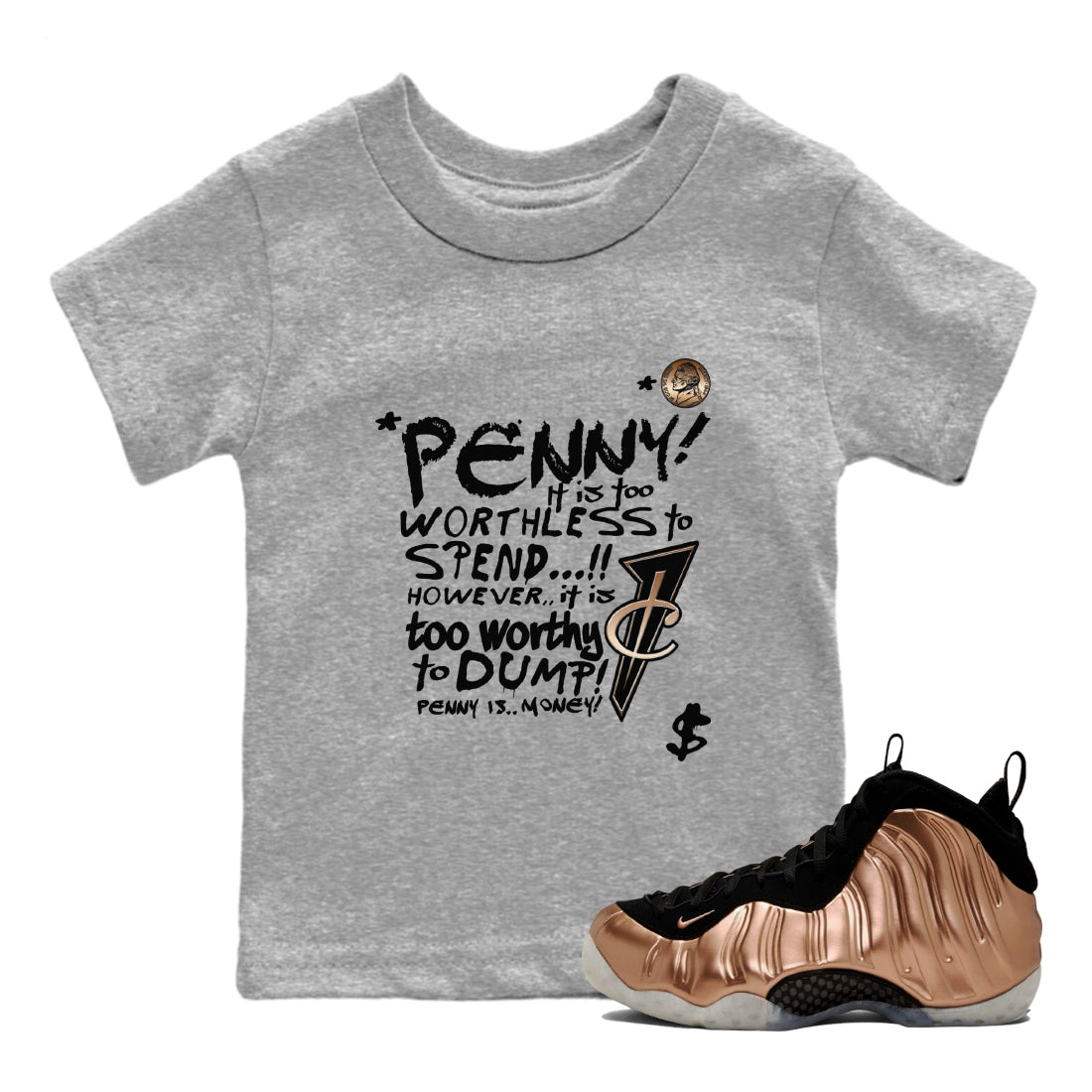 Foams One Metallic Copper shirts to match jordans Penny Is sneaker match tees Air Foamposite One Metallic Copper match shoes to clothes SNRT Sneaker Tees Youth Baby Heather Grey 1 tee