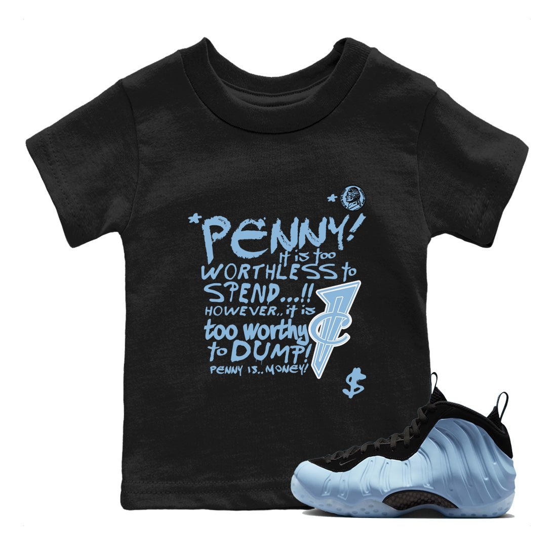 Penny Is baby and kids t-shirt crafted for little sneakerheads to shine with the Air Foamposite One Psychic Blue sneakers, displayed in Black 1.