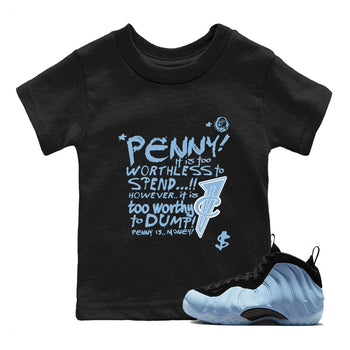 Penny Is baby and kids t-shirt crafted for little sneakerheads to shine with the Air Foamposite One Psychic Blue sneakers, displayed in Black 1.