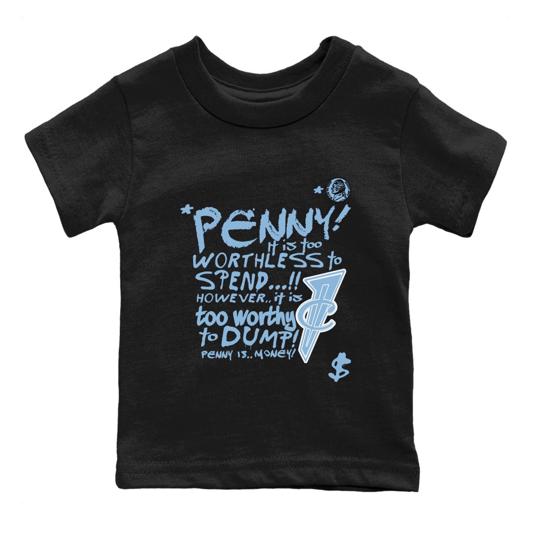 Penny Is baby and kids t-shirt crafted for little sneakerheads to shine with the Air Foamposite One Psychic Blue sneakers, displayed in Black 2.