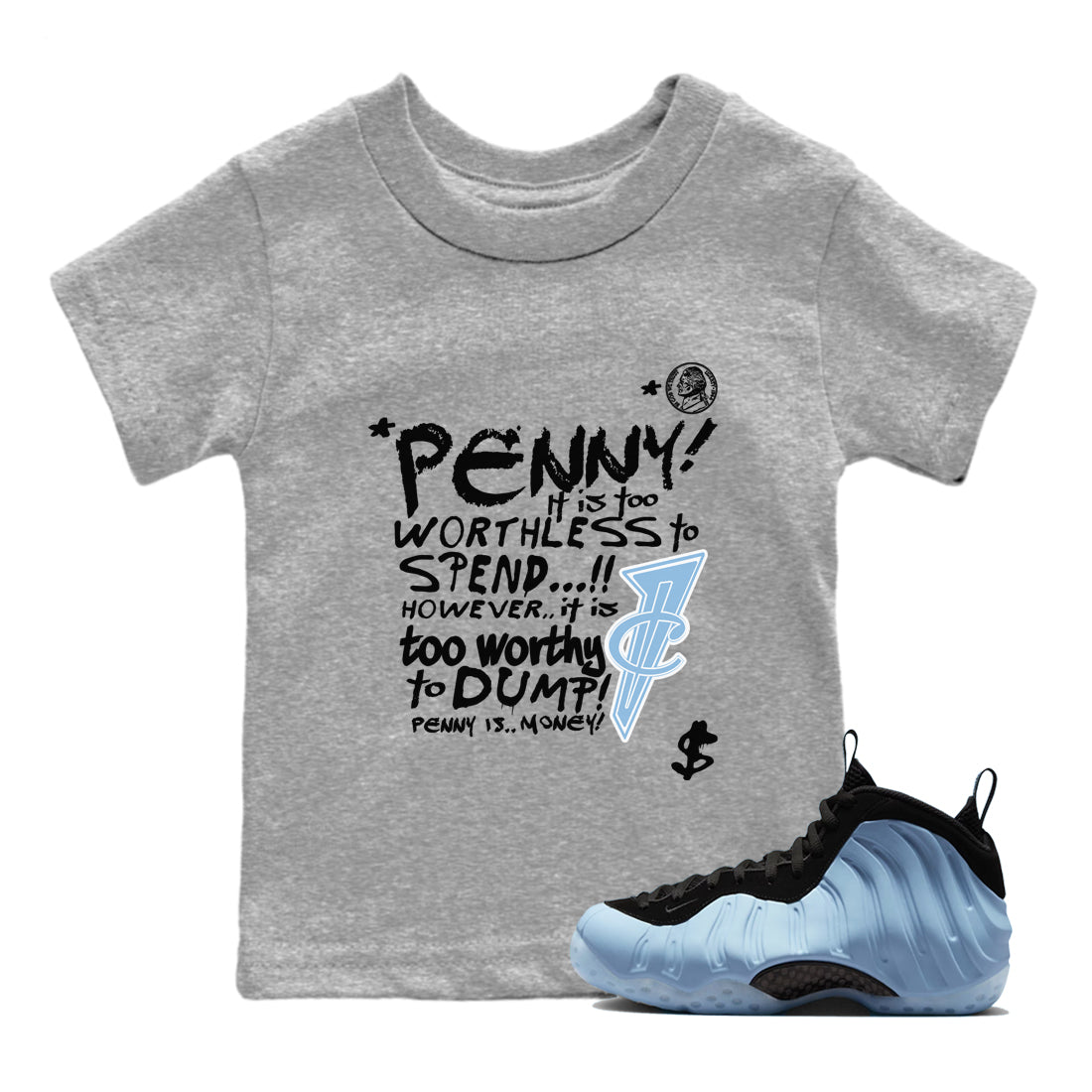 Penny Is baby and kids t-shirt crafted for little sneakerheads to shine with the Air Foamposite One Psychic Blue sneakers, displayed in Heather Grey 1.