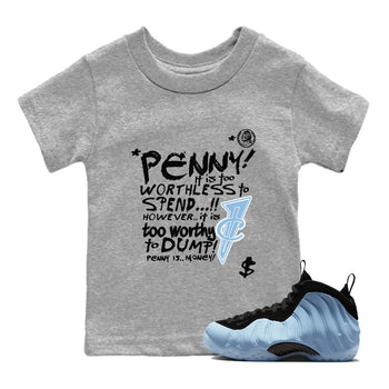 Penny Is baby and kids t-shirt crafted for little sneakerheads to shine with the Air Foamposite One Psychic Blue sneakers, displayed in Heather Grey 1.