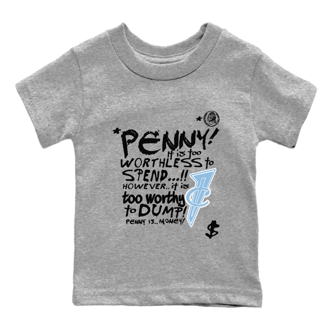 Penny Is baby and kids t-shirt crafted for little sneakerheads to shine with the Air Foamposite One Psychic Blue sneakers, displayed in Heather Grey 2.