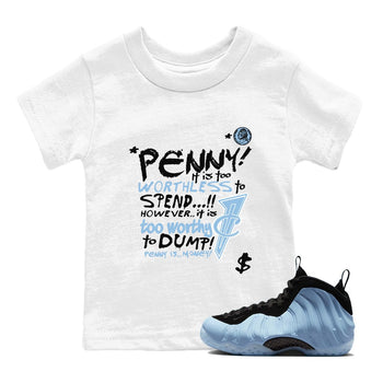 Penny Is baby and kids t-shirt crafted for little sneakerheads to shine with the Air Foamposite One Psychic Blue sneakers, displayed in White 1.