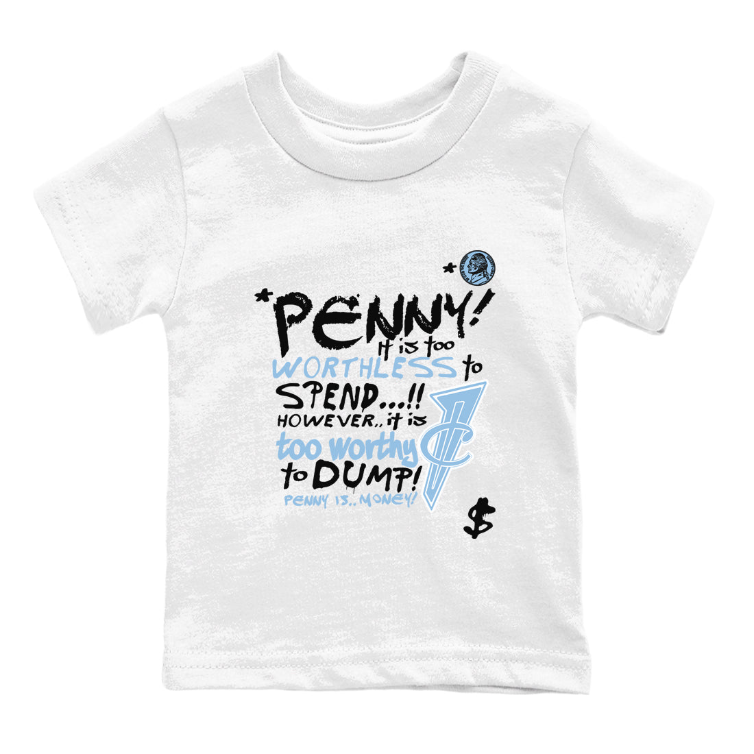Penny Is baby and kids t-shirt crafted for little sneakerheads to shine with the Air Foamposite One Psychic Blue sneakers, displayed in White 2.