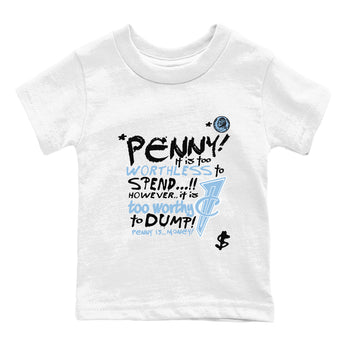 Penny Is baby and kids t-shirt crafted for little sneakerheads to shine with the Air Foamposite One Psychic Blue sneakers, displayed in White 2.