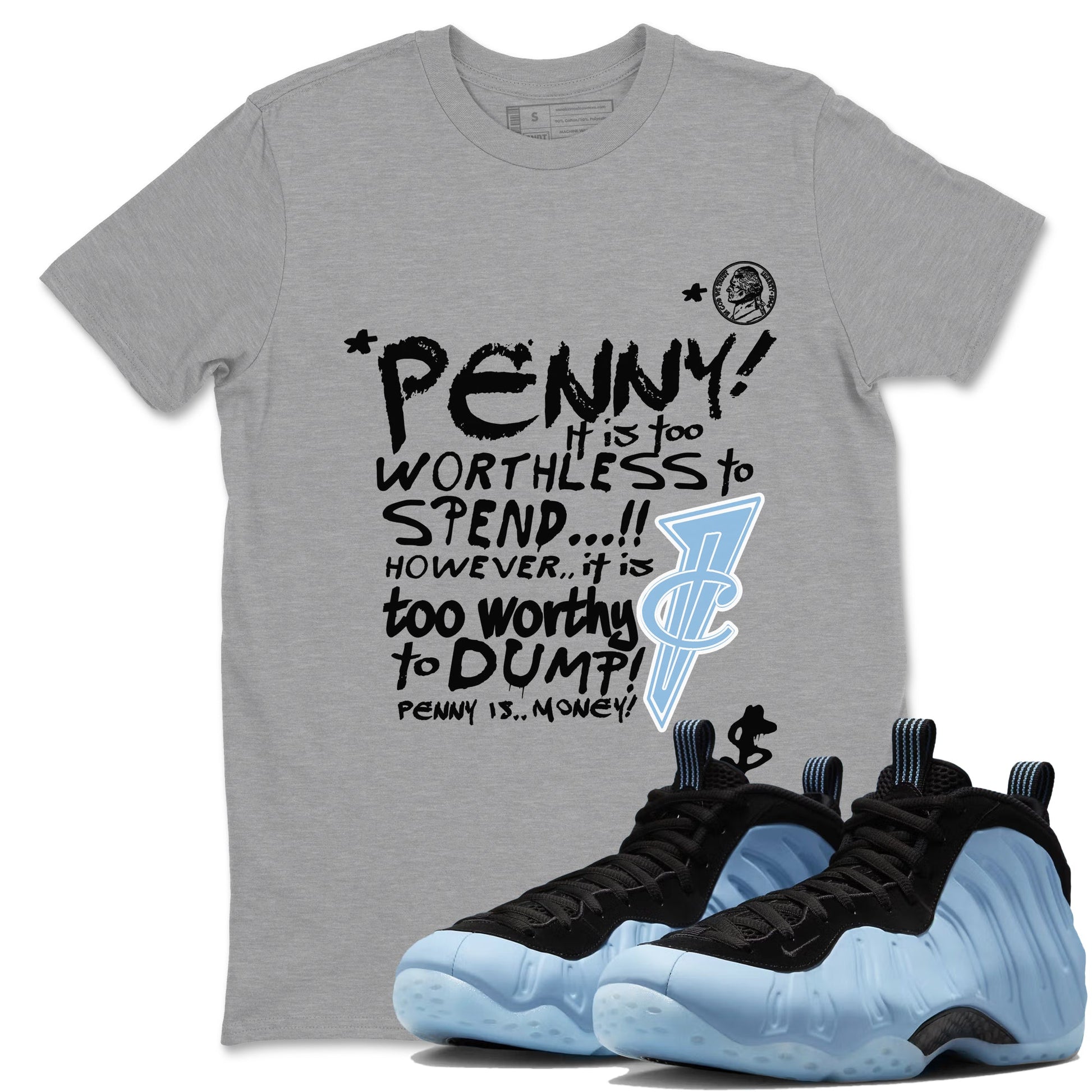 Penny Is sneaker match t-shirt styled to complete your fit with the Air Foamposite One Psychic Blue sneakers, shown in Heather Grey 1.