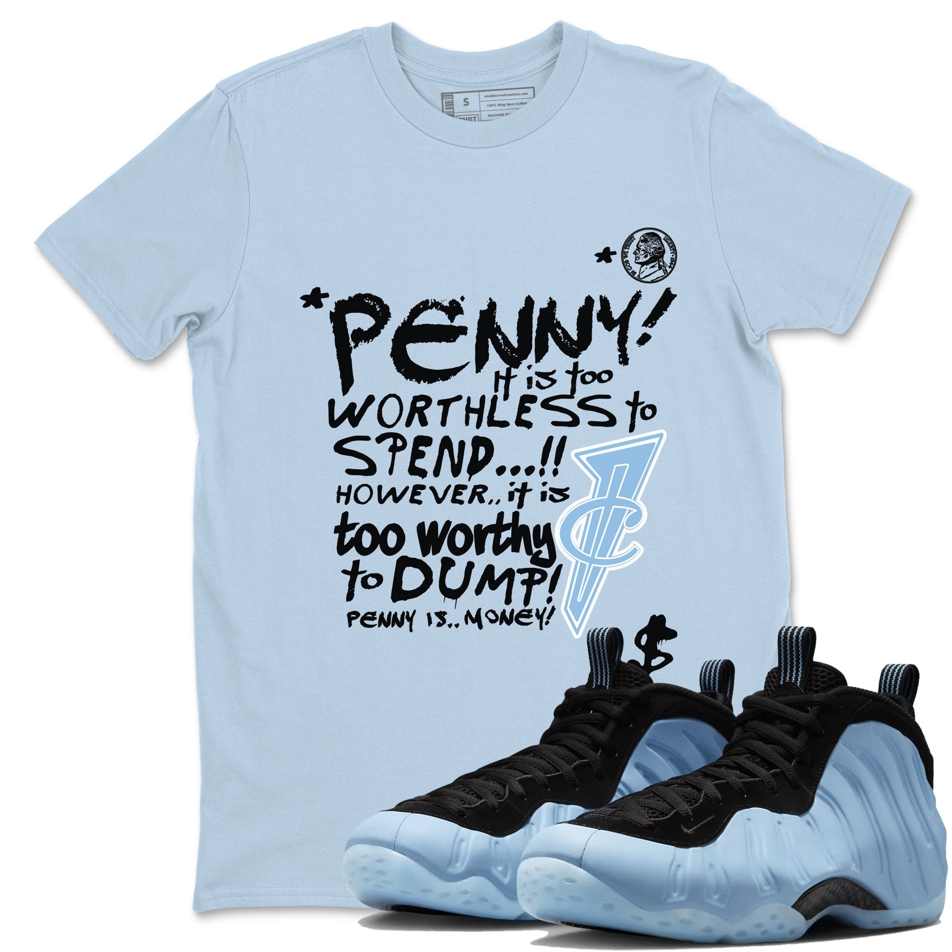 Penny Is sneaker match t-shirt styled to complete your fit with the Air Foamposite One Psychic Blue sneakers, shown in Light Blue 1.