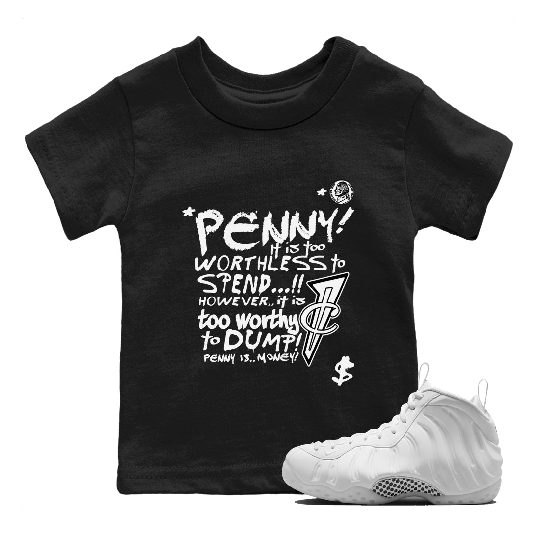 Penny Is baby and kids t-shirt crafted for little sneakerheads to shine with the Air Foamposite One Triple White sneakers, displayed in Black 1.