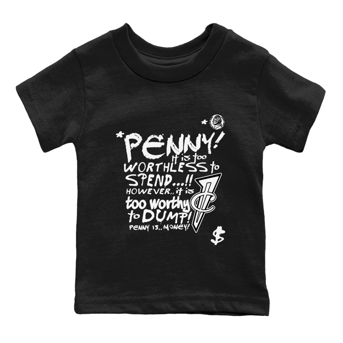 Penny Is baby and kids t-shirt crafted for little sneakerheads to shine with the Air Foamposite One Triple White sneakers, displayed in Black 2.