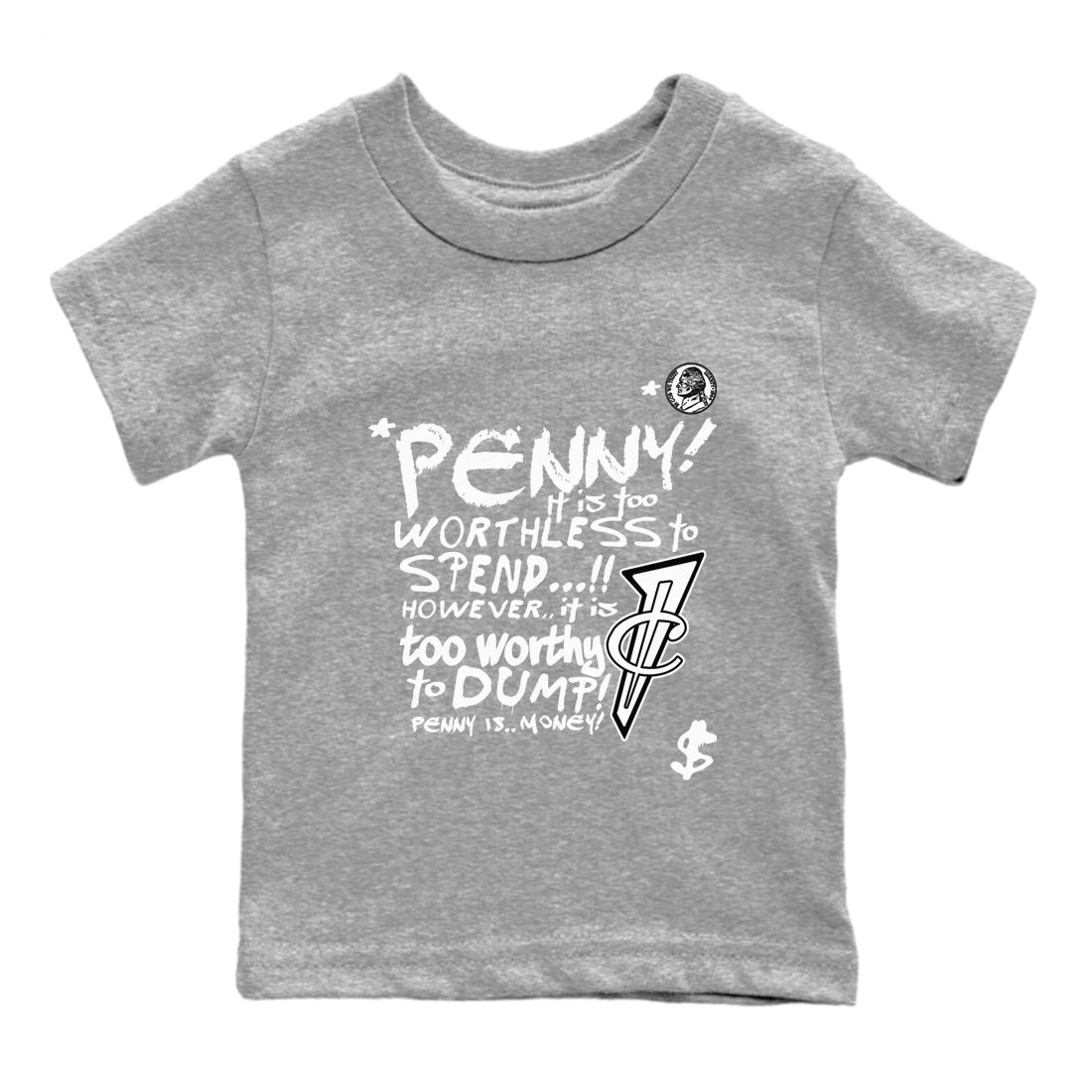 Penny Is baby and kids t-shirt crafted for little sneakerheads to shine with the Air Foamposite One Triple White sneakers, displayed in Heather Grey 2.