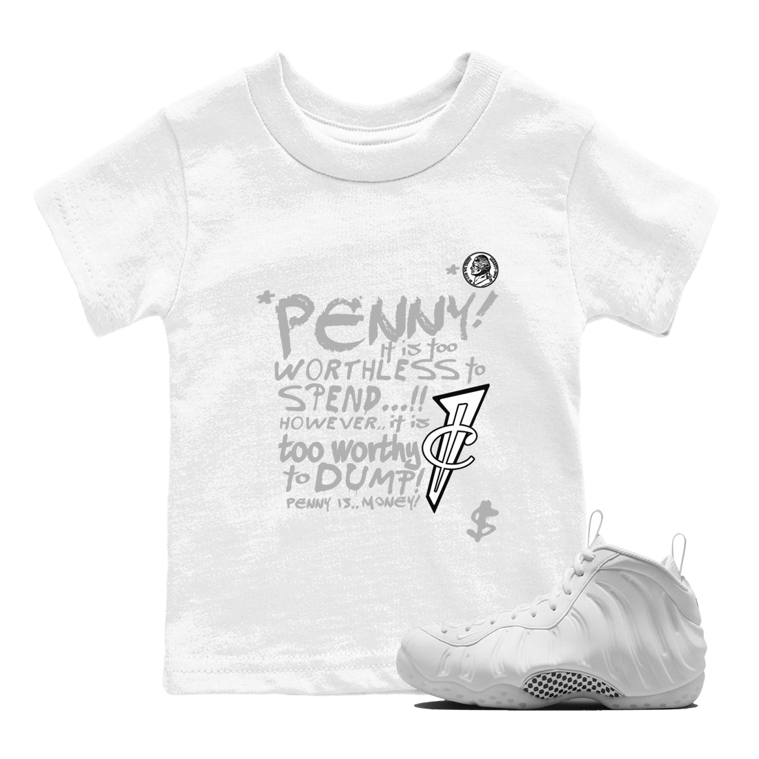 Penny Is baby and kids t-shirt crafted for little sneakerheads to shine with the Air Foamposite One Triple White sneakers, displayed in White 1.