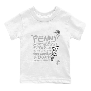 Penny Is baby and kids t-shirt crafted for little sneakerheads to shine with the Air Foamposite One Triple White sneakers, displayed in White 2.