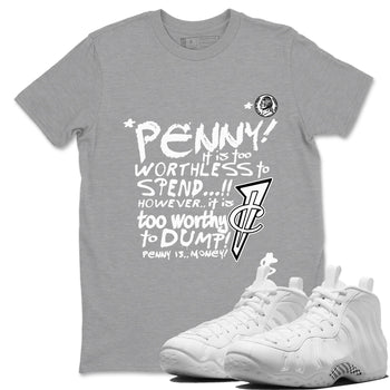 Penny Is sneaker match t-shirt styled to complete your fit with the Air Foamposite One Triple White sneakers, shown in Heather Grey 1.