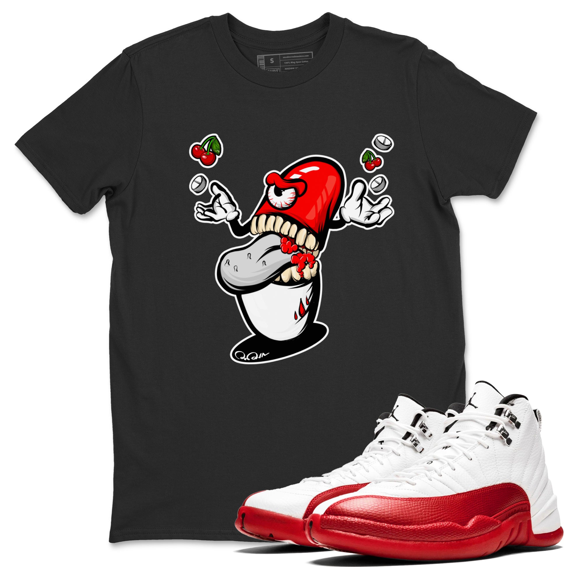Air Jordan 12 Cherry Sneaker Match Tees Pill Monster Sneaker Tees AJ12 Cherry Sneaker Release Tees Unisex Shirts Black 1