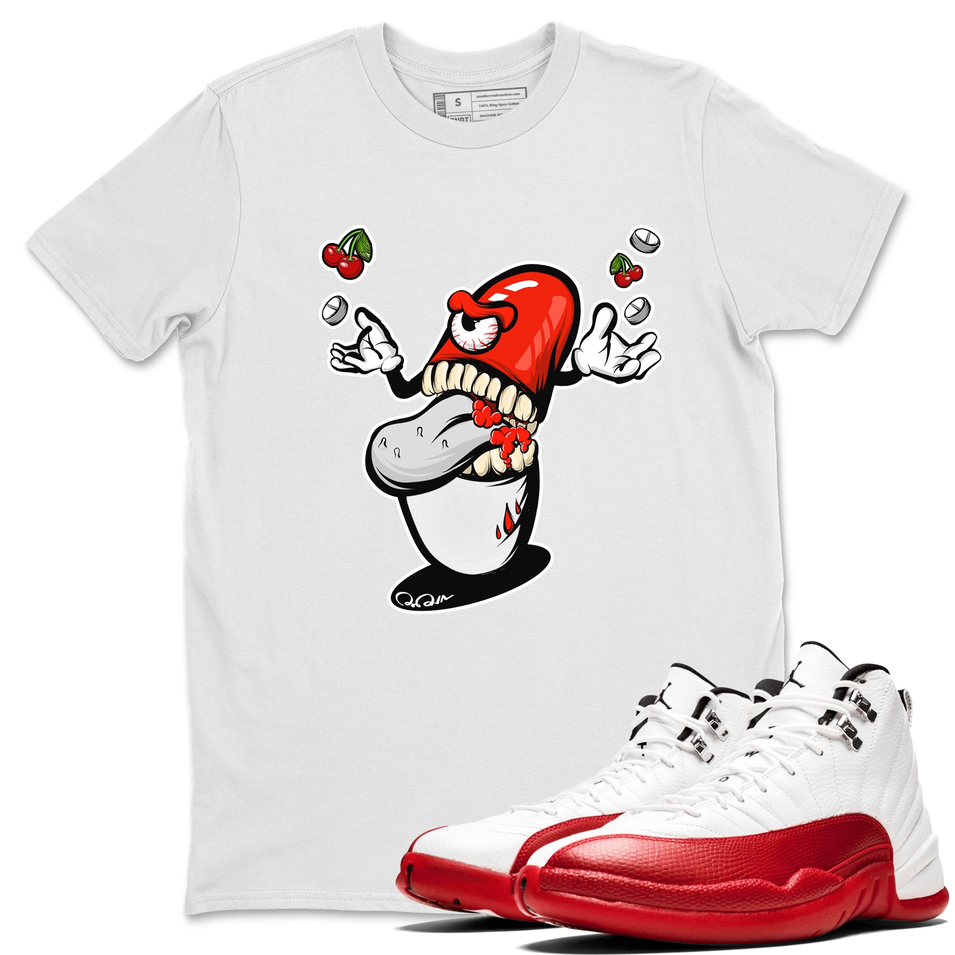 Air Jordan 12 Cherry Sneaker Match Tees Pill Monster Sneaker Tees AJ12 Cherry Sneaker Release Tees Unisex Shirts White 1