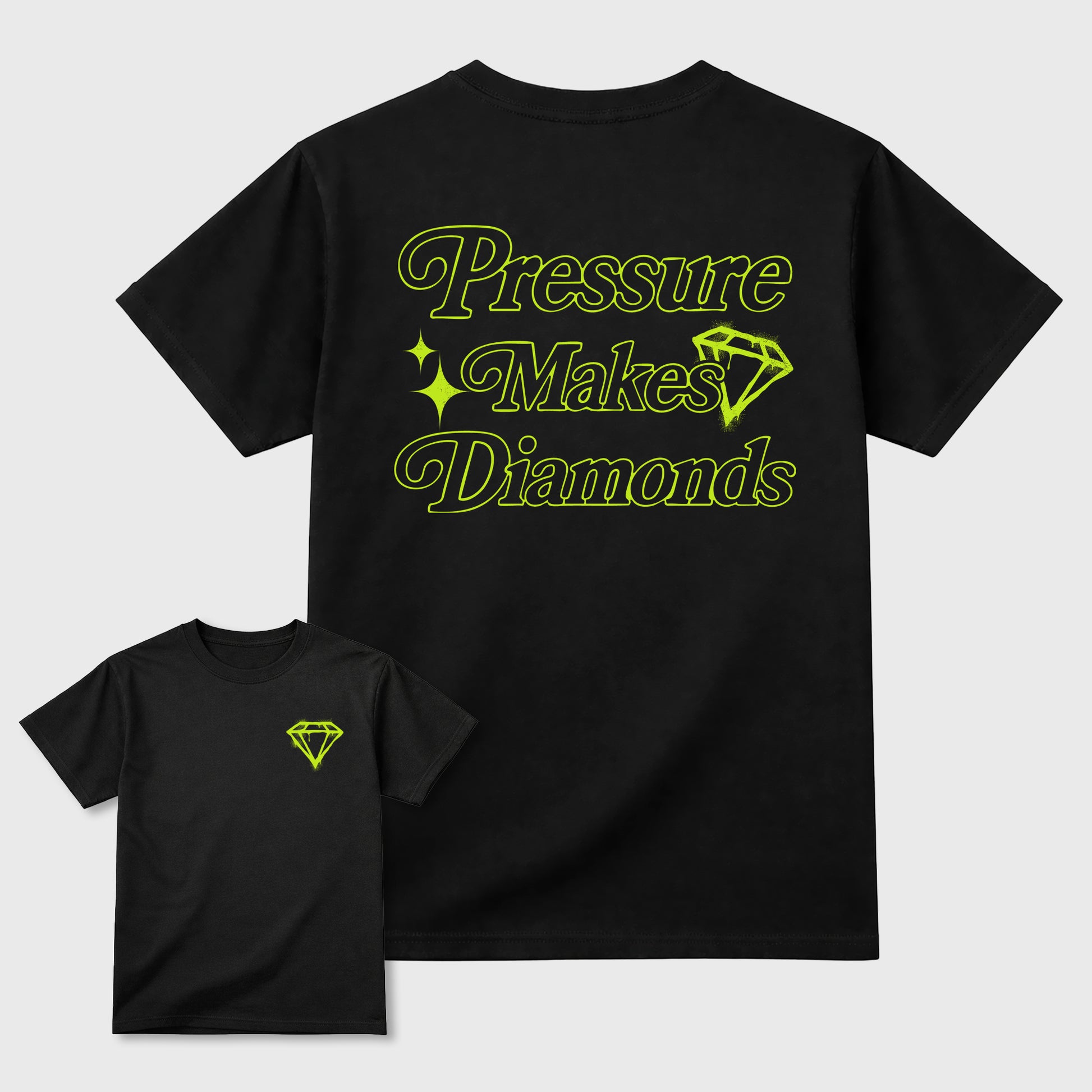 Pressure Makes Diamonds front and back graphic tee styled to complete your fit with the Foams Pro Black Volt, shown in Black.