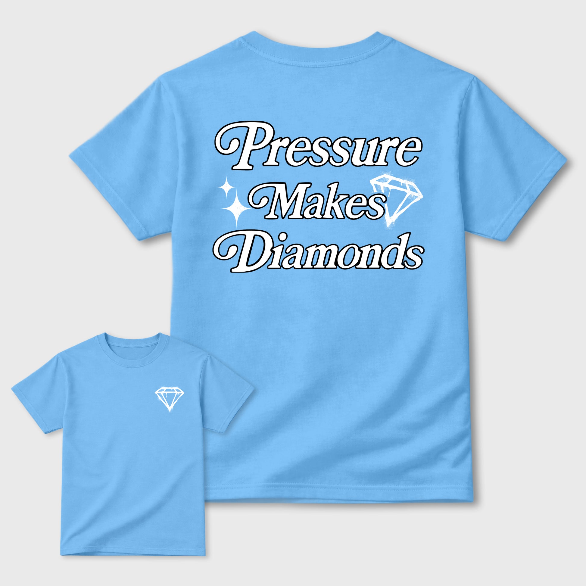 Pressure Makes Diamonds double side sneaker match graphic tee styled to complete your fit with the Air Jordan 11 Legend Blue, shown in Carolina Blue.