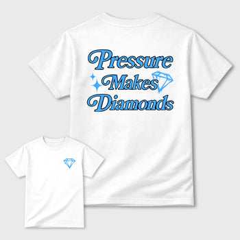 Pressure Makes Diamonds double side sneaker match graphic tee styled to complete your fit with the Air Jordan 11 Legend Blue, shown in White.
