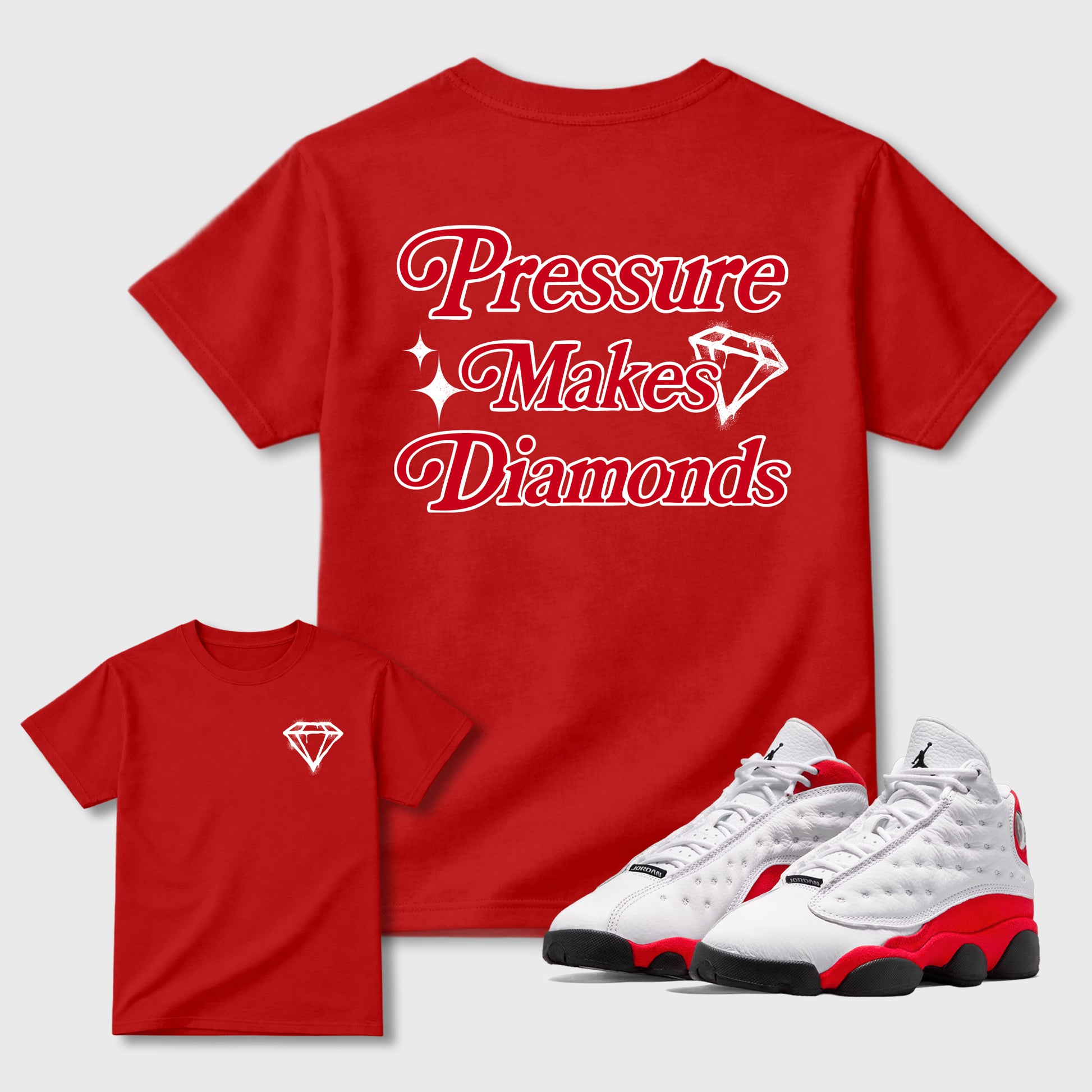 Pressure Makes Diamonds sneaker match t-shirt styled to complete your fit with the sneakers, shown in Red.