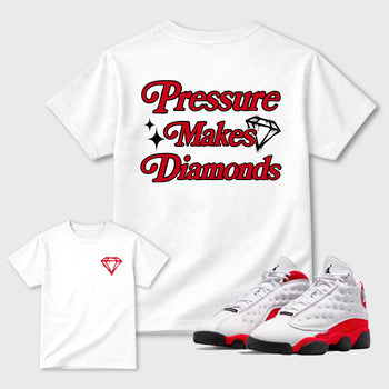 Pressure Makes Diamonds sneaker match t-shirt styled to complete your fit with the Air Jordan 13 University Red sneakers, shown in White.