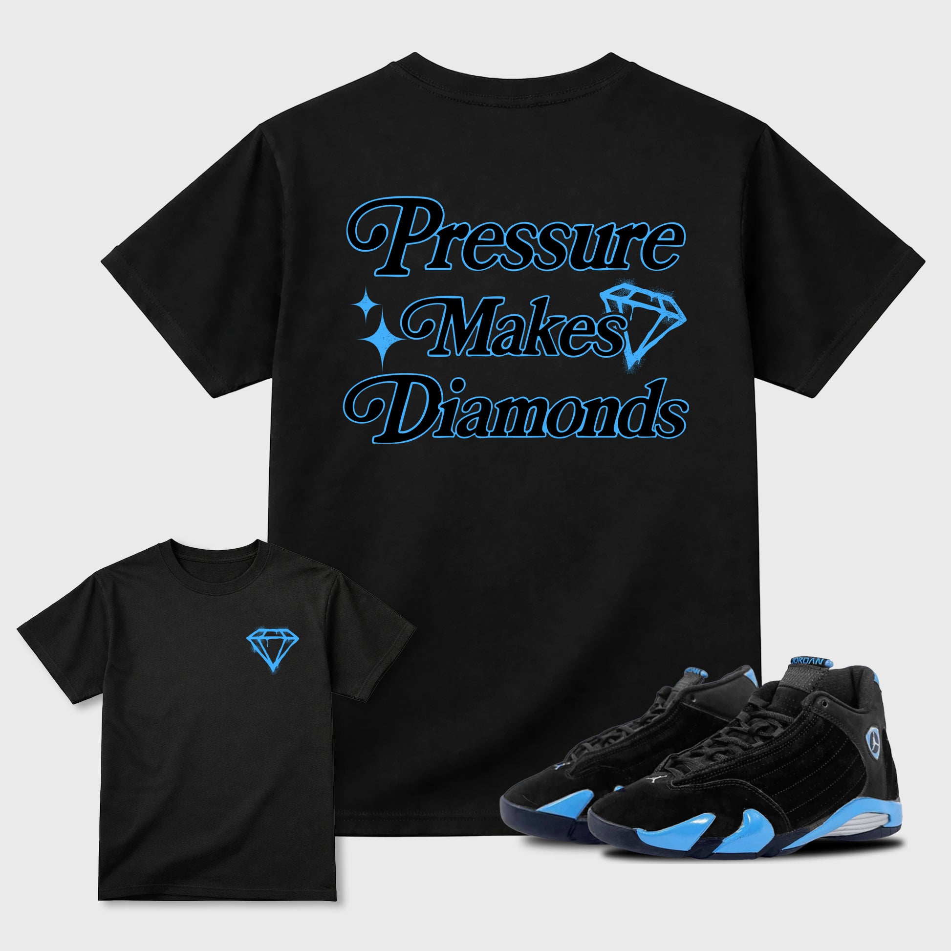 Pressure Makes Diamonds sneaker match t-shirt styled to complete your fit with the Air Jordan 14 University Blue sneakers, shown in Black.