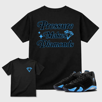 Pressure Makes Diamonds sneaker match t-shirt styled to complete your fit with the Air Jordan 14 University Blue sneakers, shown in Black.
