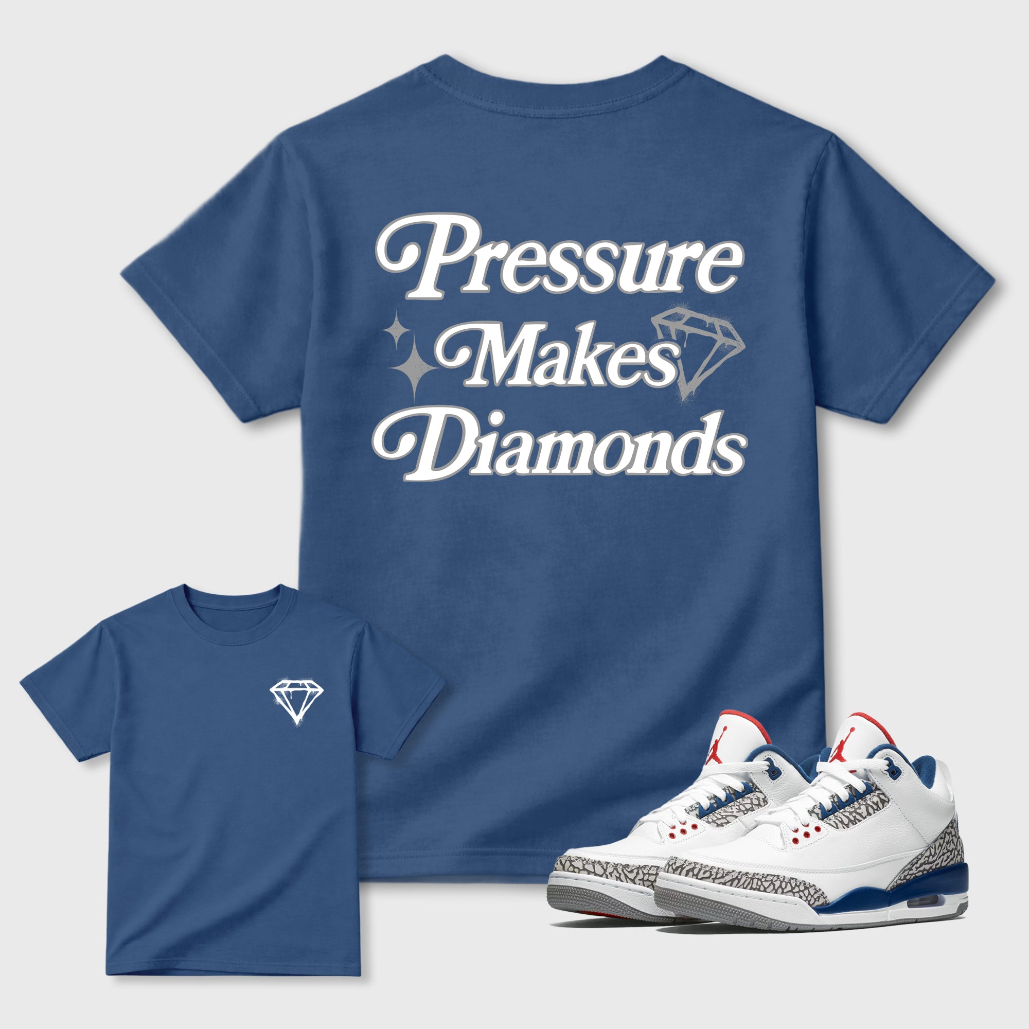 Pressure Makes Diamonds Graphic T-Shirt featuring original streetwear artwork designed to match the . Denim Blue Graphic T-Shirt.