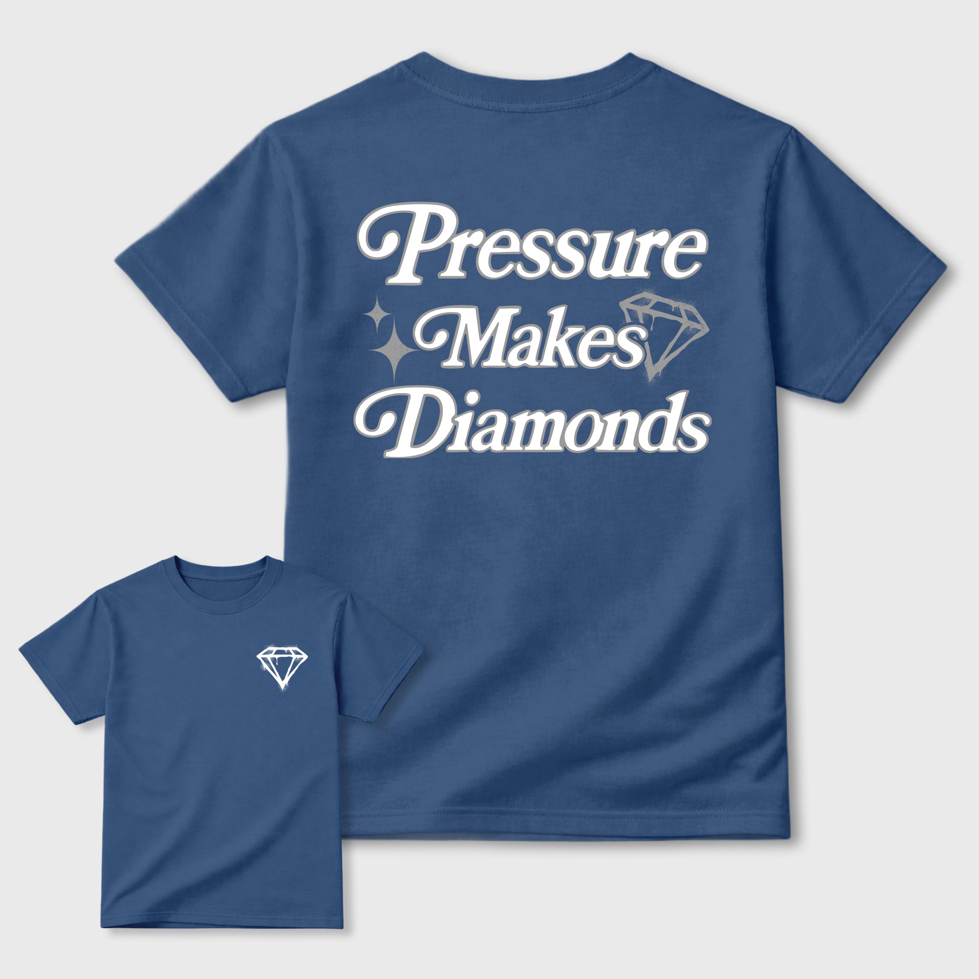 Pressure Makes Diamonds Graphic T-Shirt featuring original streetwear artwork designed to match the . Denim Blue Graphic T-Shirt.