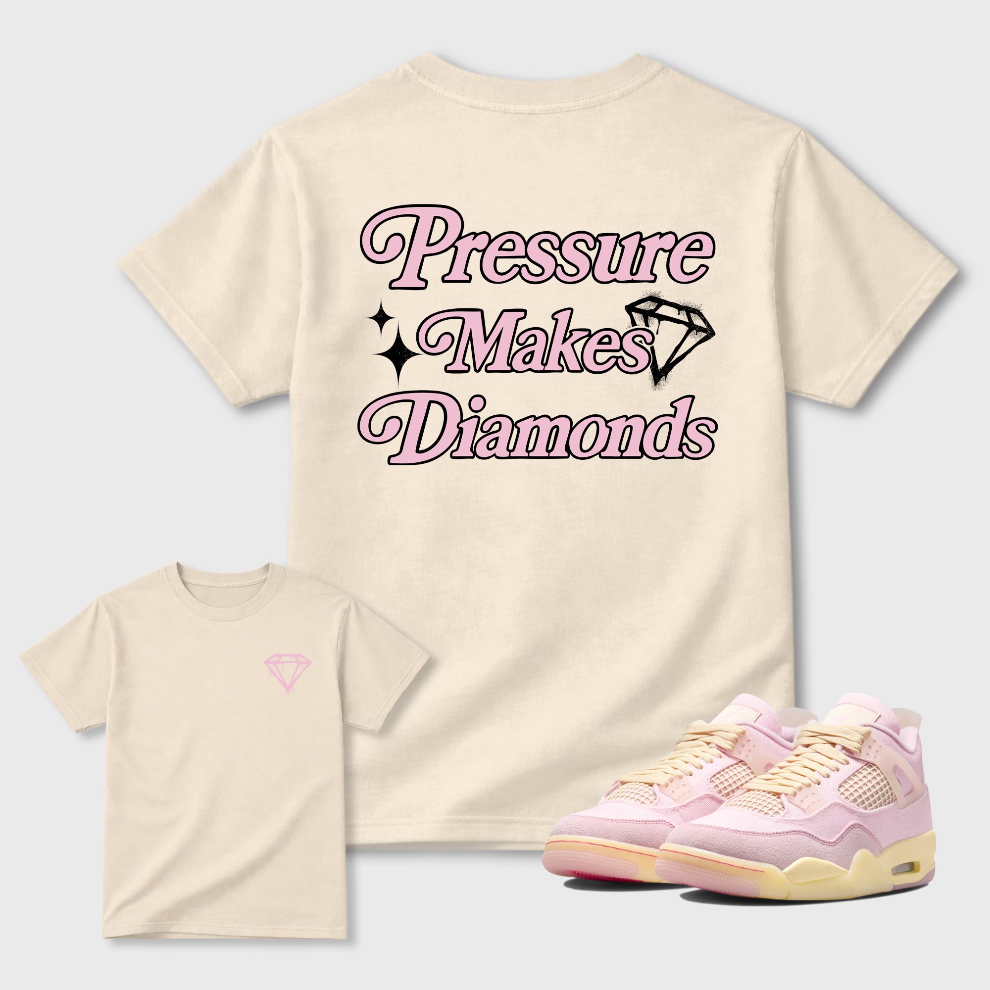 Pressure Makes Diamonds front and back graphic t-shirt styled to complete your outfit with the4s Iced Carmine, shown in Natural.