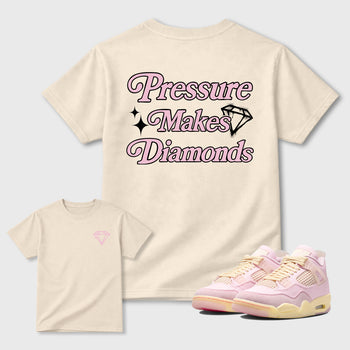 Pressure Makes Diamonds front and back graphic t-shirt styled to complete your outfit with the4s Iced Carmine, shown in Natural.
