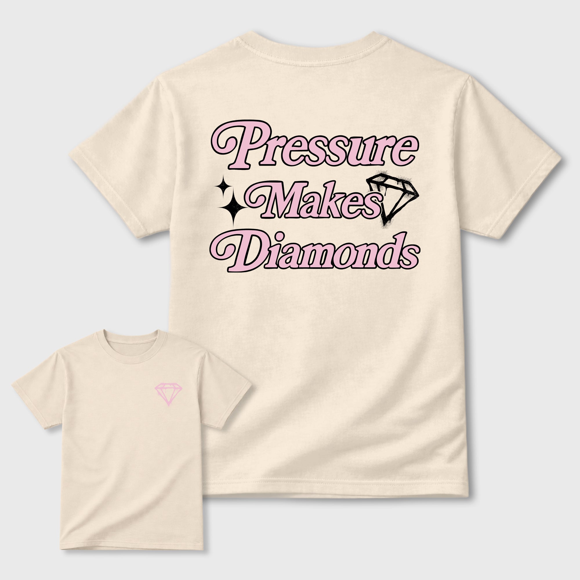Pressure Makes Diamonds front and back graphic t-shirt styled to complete your outfit with the4s Iced Carmine, shown in Natural.