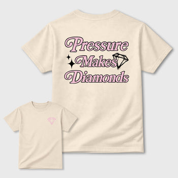 Pressure Makes Diamonds front and back graphic t-shirt styled to complete your outfit with the4s Iced Carmine, shown in Natural.
