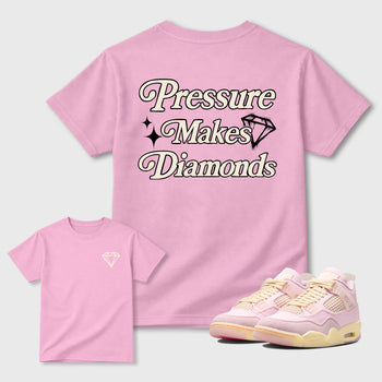 Pressure Makes Diamonds front and back graphic t-shirt styled to complete your outfit with theAir Jordan 4 Iced Carmine sneakers, shown in Pink.