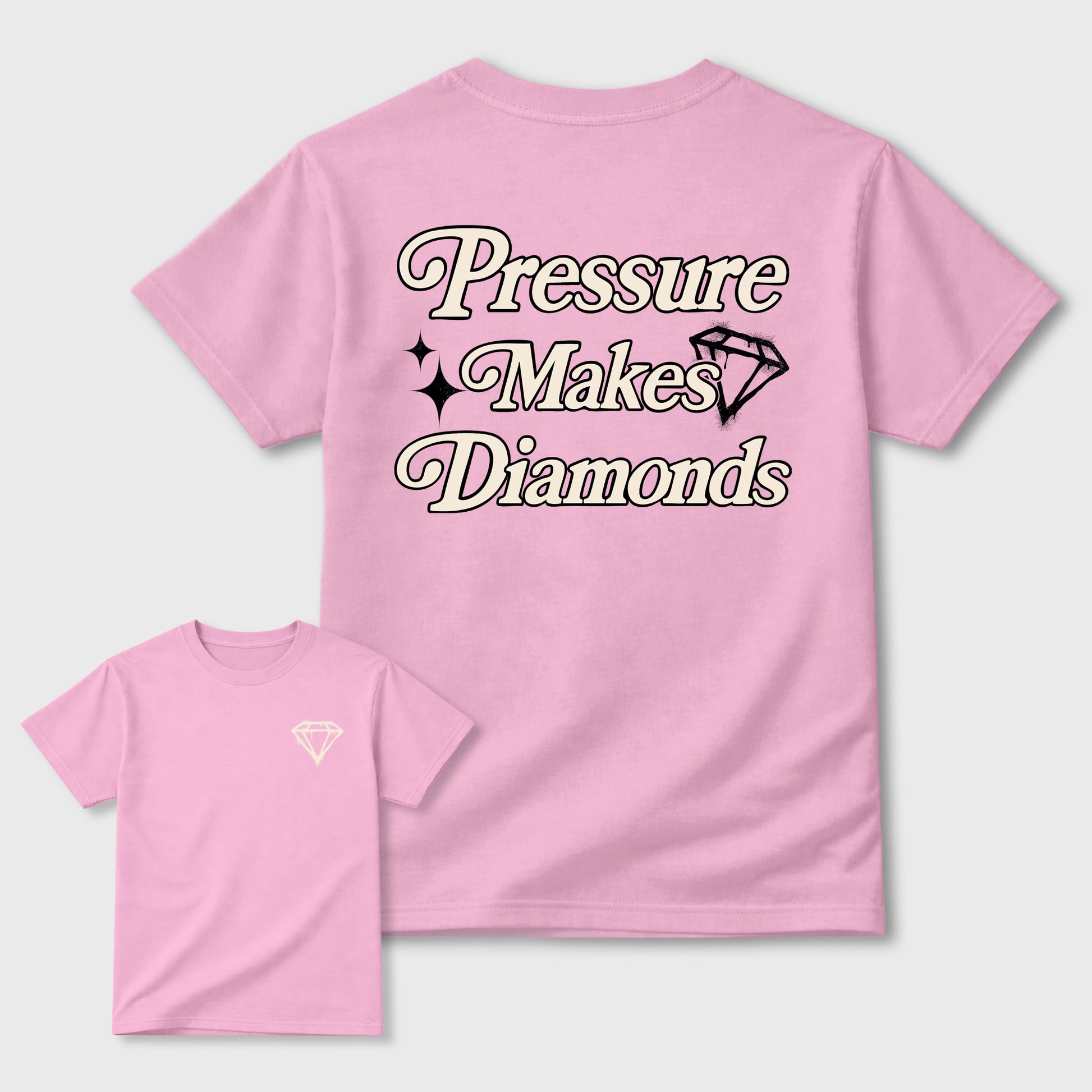 Pressure Makes Diamonds front and back graphic t-shirt styled to complete your outfit with the4s Iced Carmine, shown in Pink.