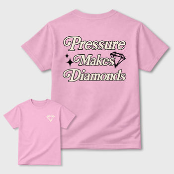 Pressure Makes Diamonds front and back graphic t-shirt styled to complete your outfit with the4s Iced Carmine, shown in Pink.
