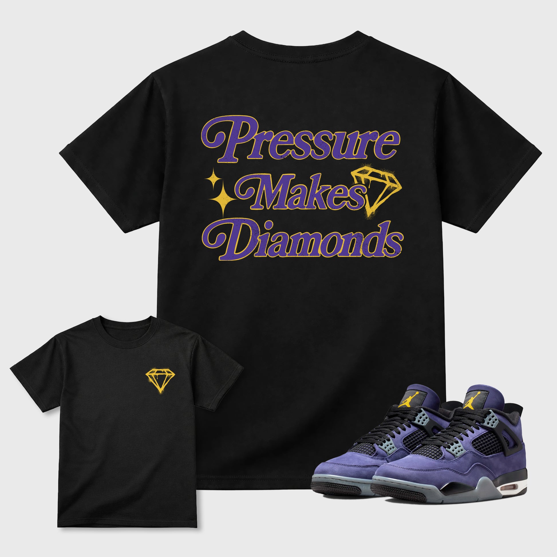 Pressure Makes Diamonds sneaker match t-shirt styled to complete your fit with the Air Jordan 4 Lakeshow sneakers, shown in Black.
