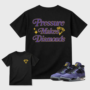 Pressure Makes Diamonds sneaker match t-shirt styled to complete your fit with the Air Jordan 4 Lakeshow sneakers, shown in Black.