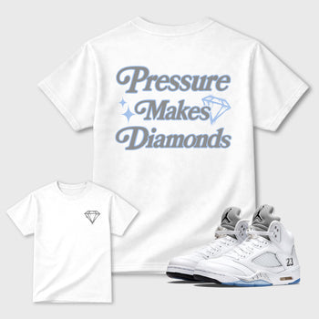 Pressure Makes Diamonds graphic t-shirt, Double side styled graphic shirts to complete your fit with the 5s Retro White Metallic sneakers, shown in White.